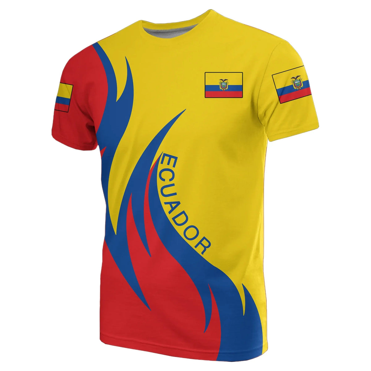 Yellow Ecuador crest T-shirt with flame graphics and flag emblem on front