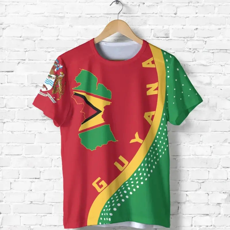 Red Guyana map T-shirt with flag-style graphic, short sleeves