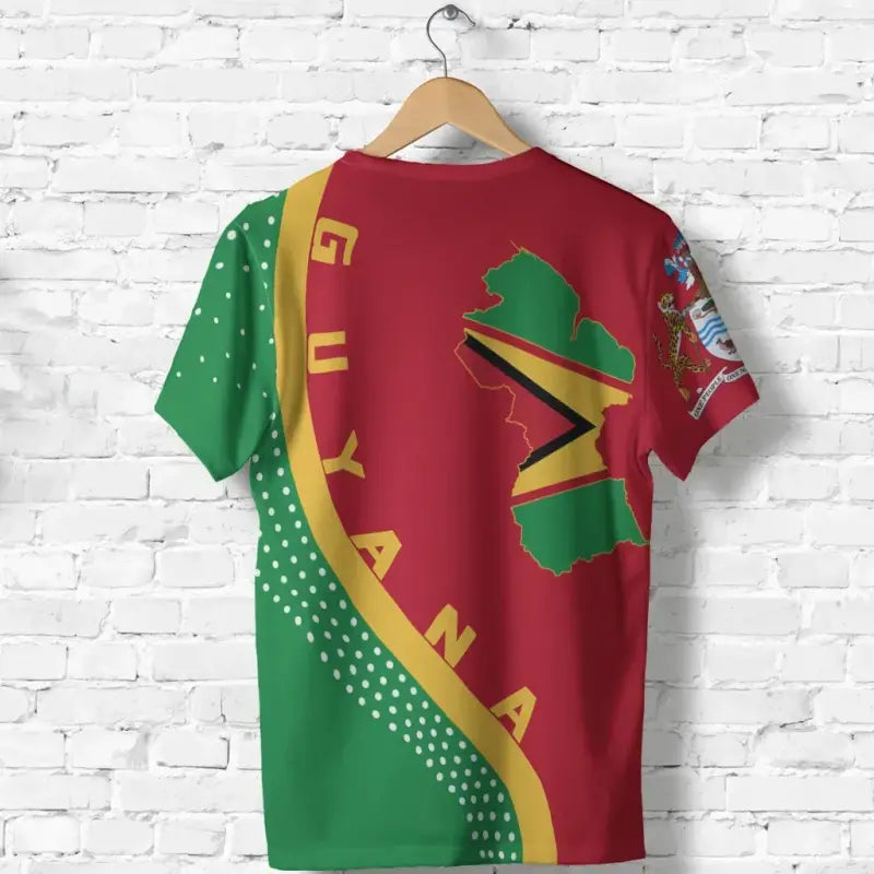 Red Guyana T-shirt back view with large map and flag banner design
