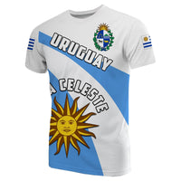 White Uruguay football T-shirt with blue diagonal stripe, sun and crest front print