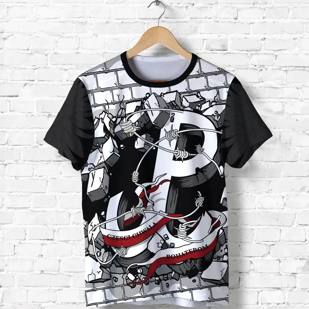 Black T-shirt with large front graphic of armored eagle and red accents