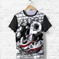 Black T-shirt with large front graphic of armored eagle and red accents