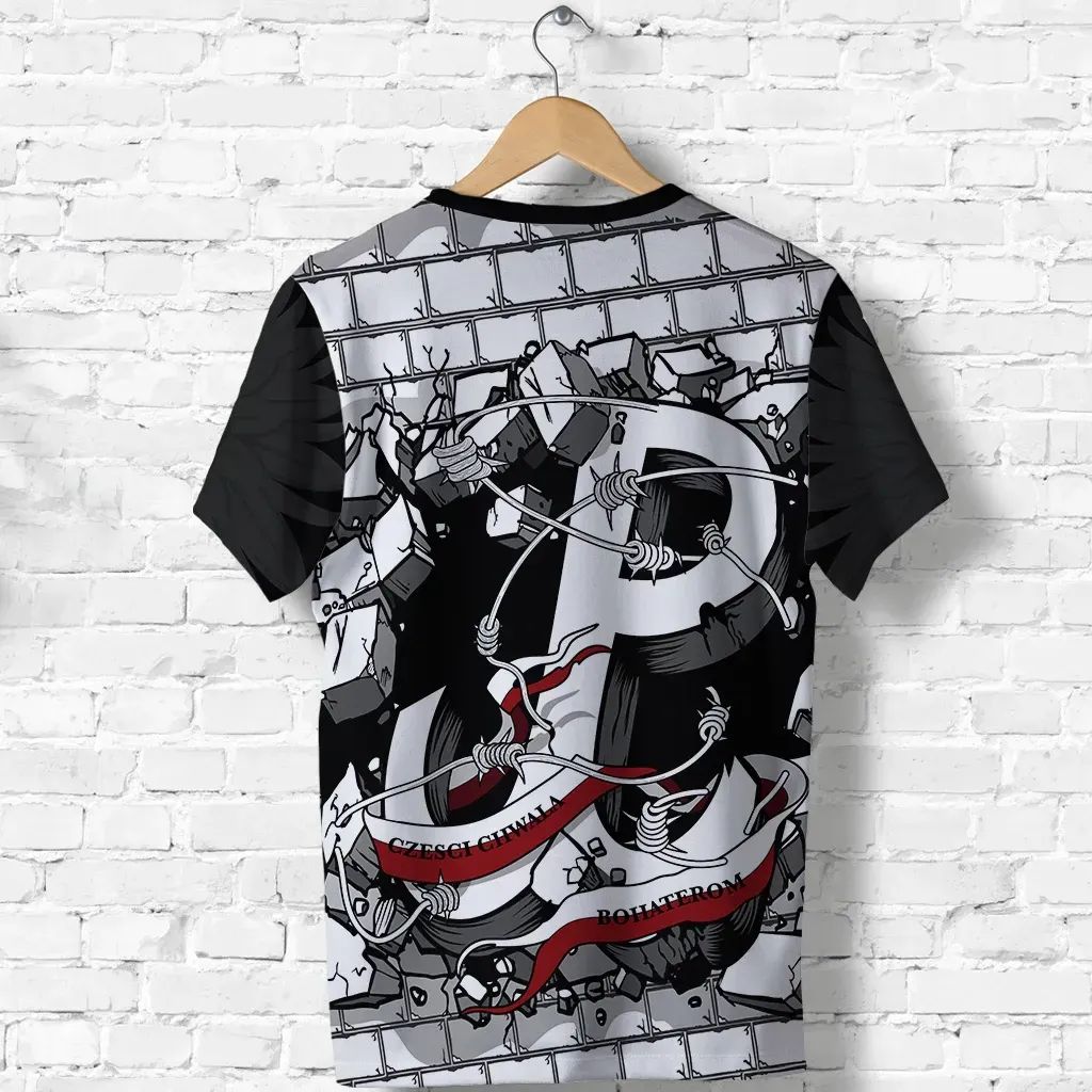 Black T-shirt back with central armored eagle graphic and red text accents