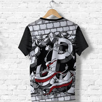 Black T-shirt back with central armored eagle graphic and red text accents