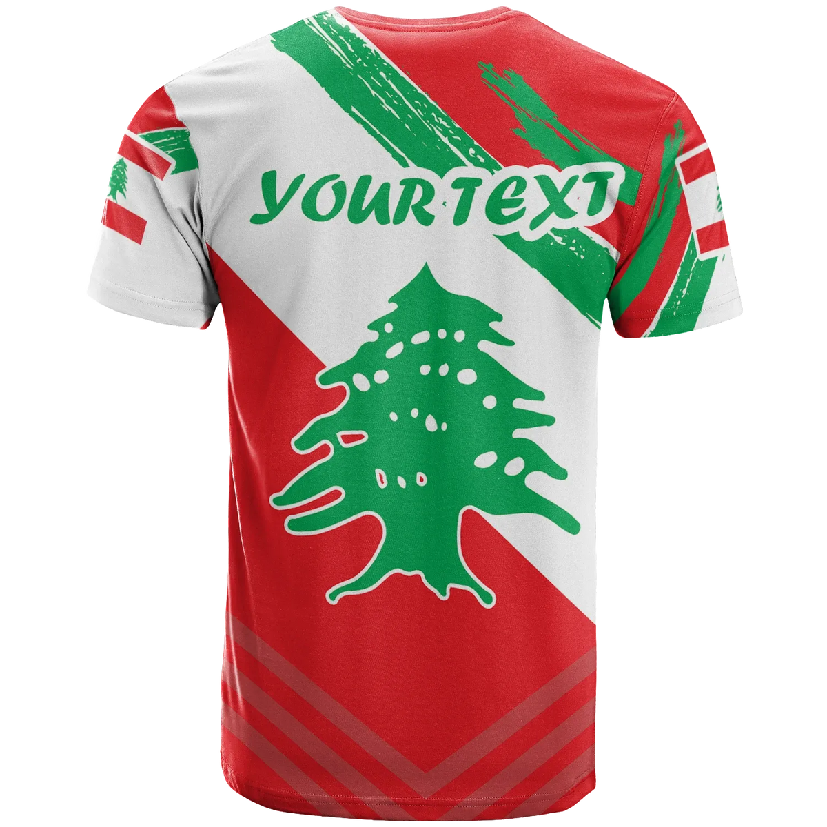 Lebanon flag polygon T-shirt with YourText graphic, multicolor, back