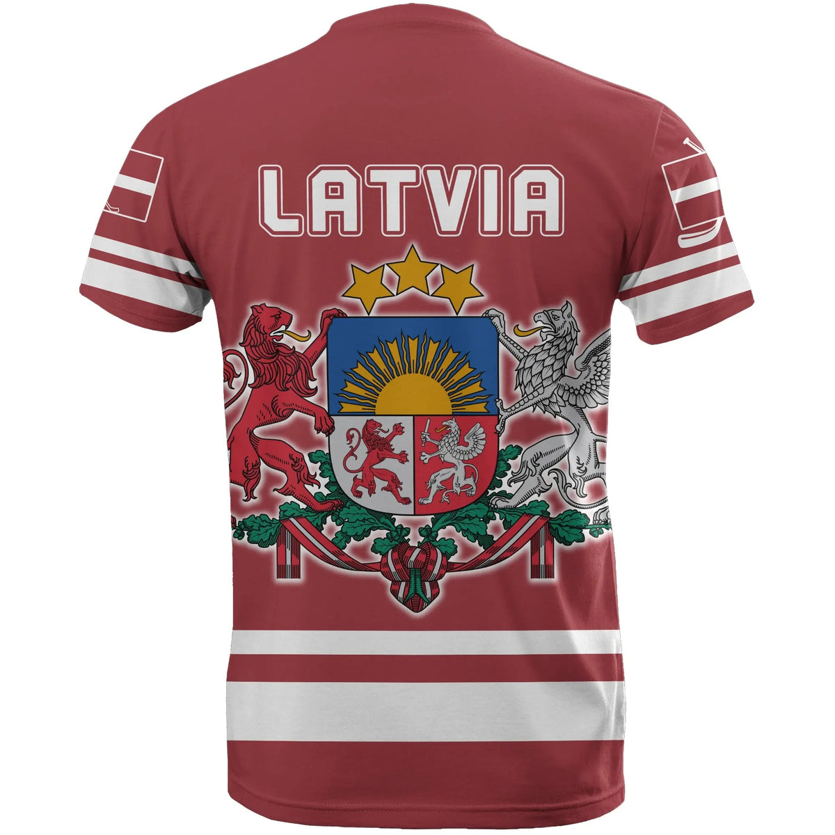 Maroon hockey T-shirt back with large Latvija wordmark, crest, and white sleeve stripes