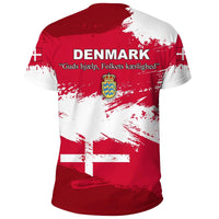 Red Denmark flag brush-print T-shirt with 'DENMARK' text and crest on back