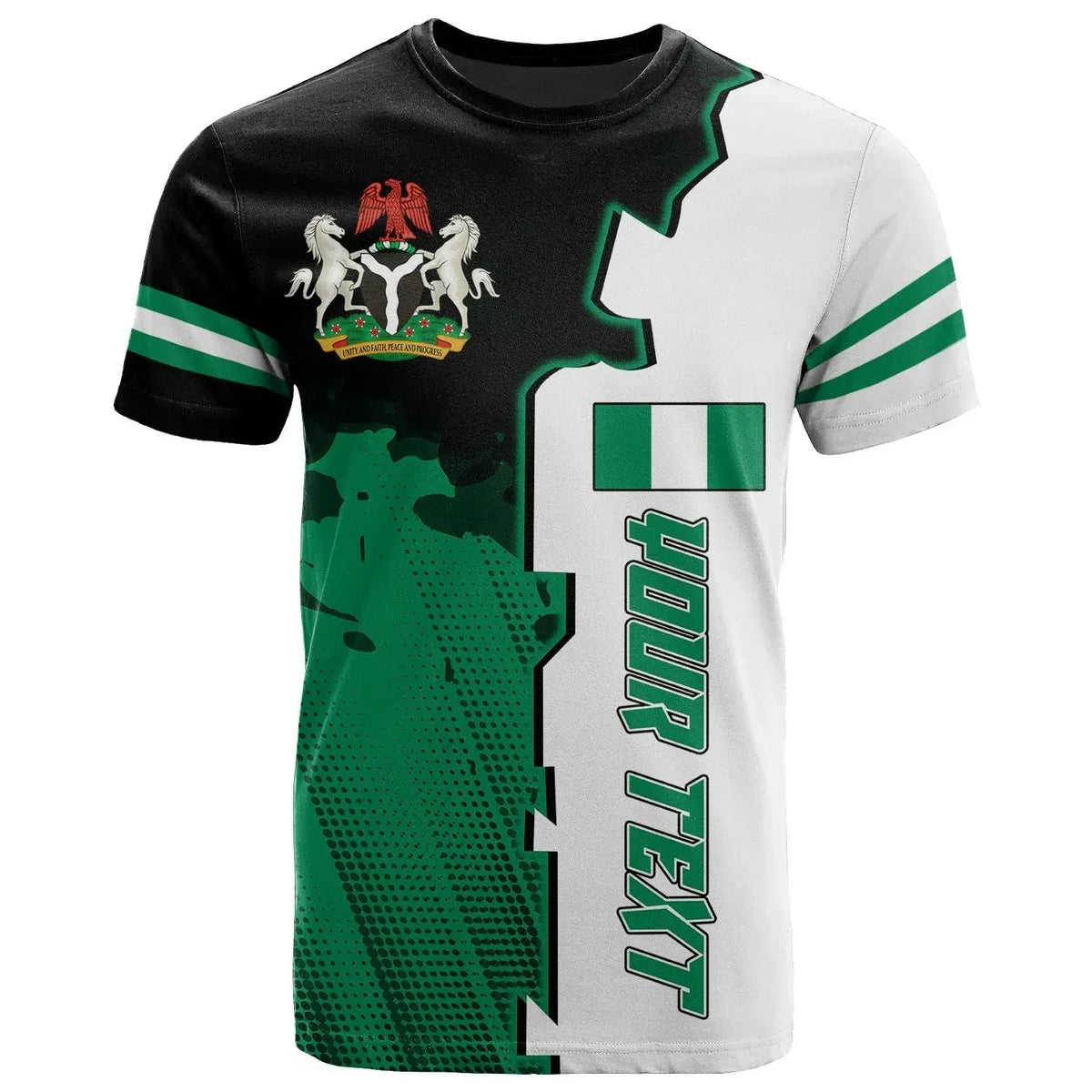 Green, white & black Nigeria graphic T-shirt with crest emblem and Independence Day text