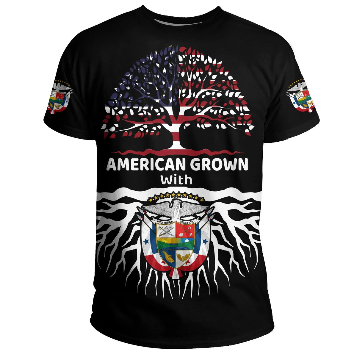 Black T-shirt with American flag tree graphic, AMERICAN GROWN with crest on front