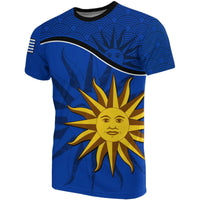 Blue Uruguay-style T-shirt with sun graphic and flag-themed geometric print on front