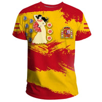 Colorful Spain T-shirt with brush flag design, flower graphics, and crowned crest