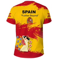 Spain T-shirt back print: “SPAIN” and “Further Beyond” with crest and brush flag pattern