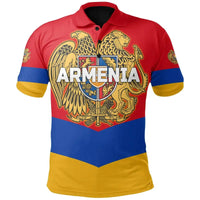 Red, blue, and yellow Armenian polo shirt with crest graphic and black collar