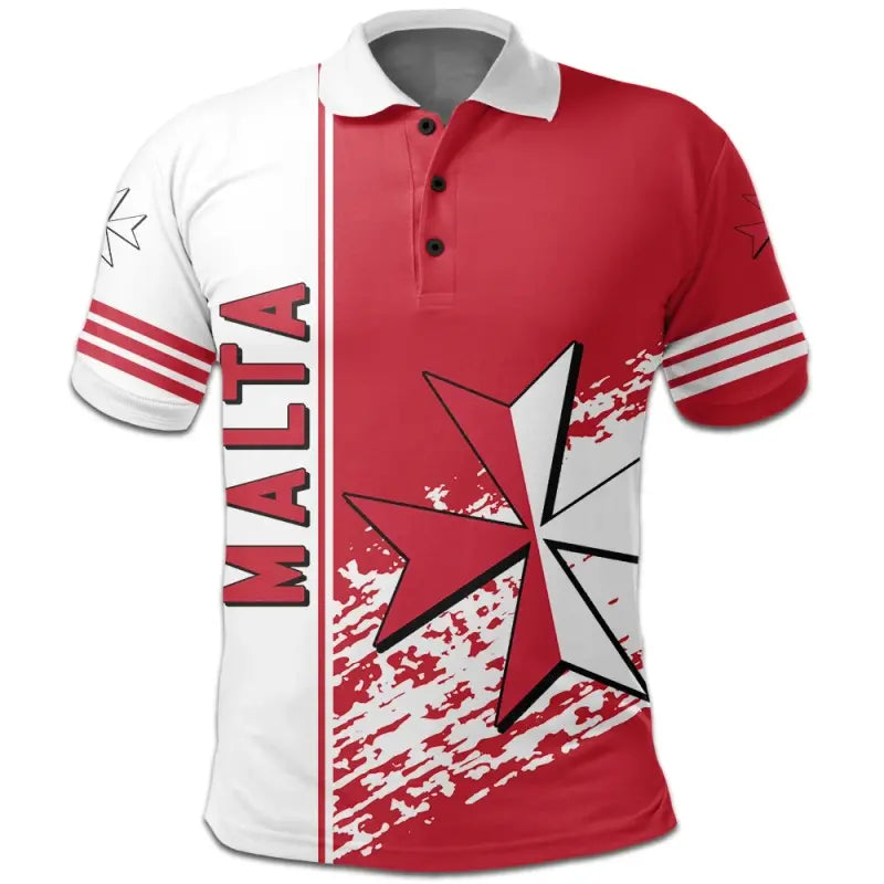 Red and white polo shirt with quarter coat of arms star print, button collar