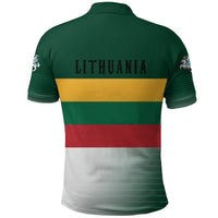 Back view green polo shirt with 'LITHUANIA' across tri-color stripe and sleeve emblems