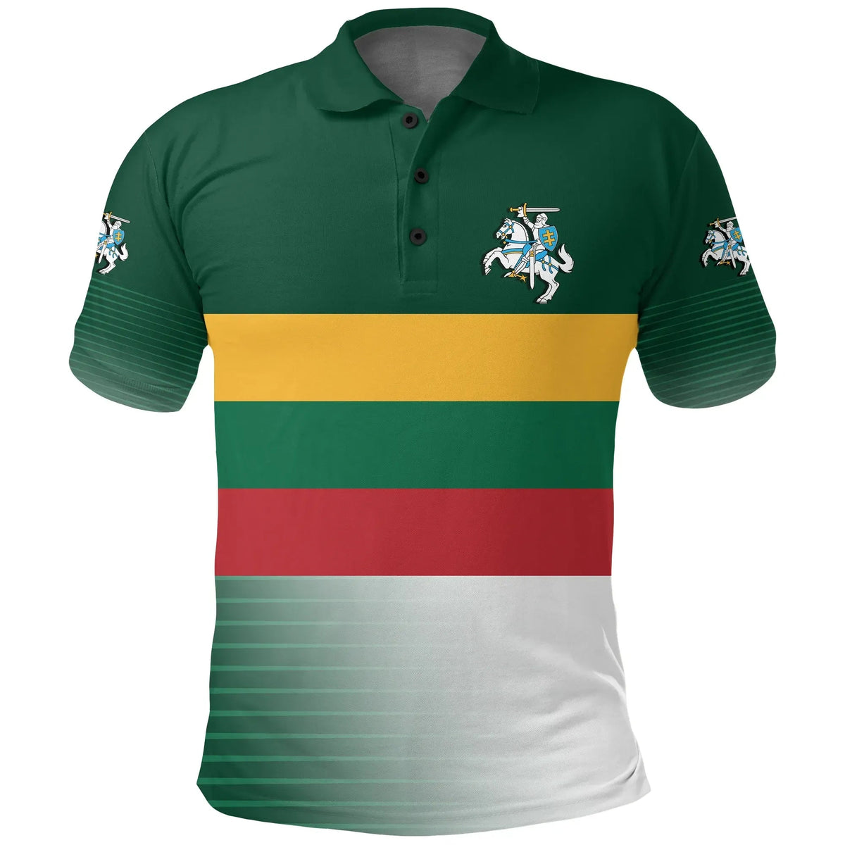 Green polo shirt with Lithuania crest on chest, striped sleeves, and tri-color panel