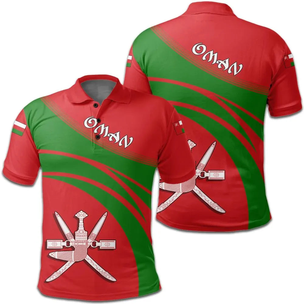 Cricket polo shirt with Oman crest, red/green diagonal stripes, front and back views