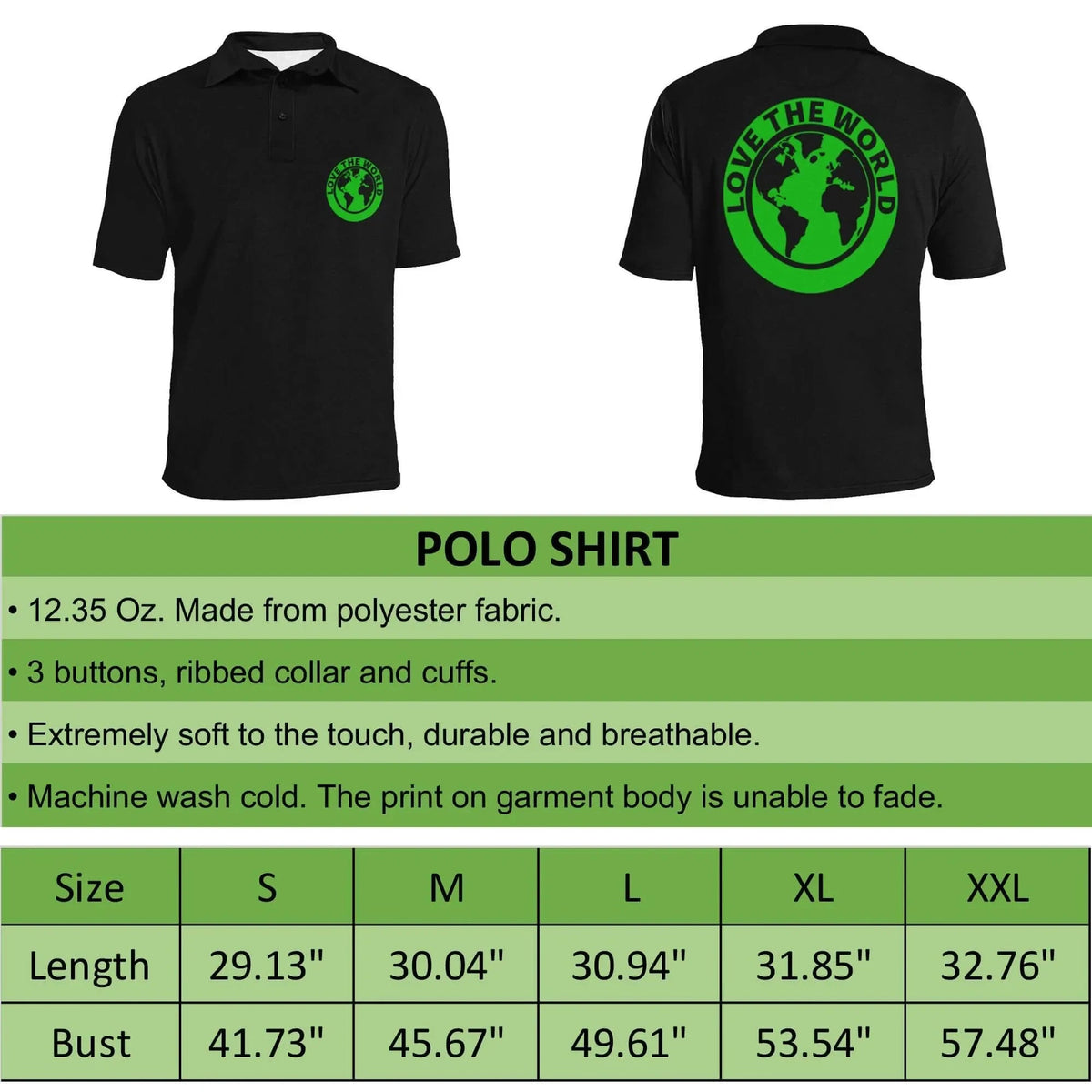 Black polo shirt with green globe logo front and 'LOVE THE WORLD' on back