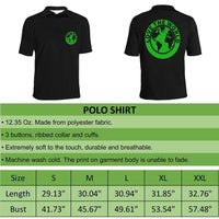 Black polo shirt with green globe emblem 'LOVE THE WORLD' on front and back