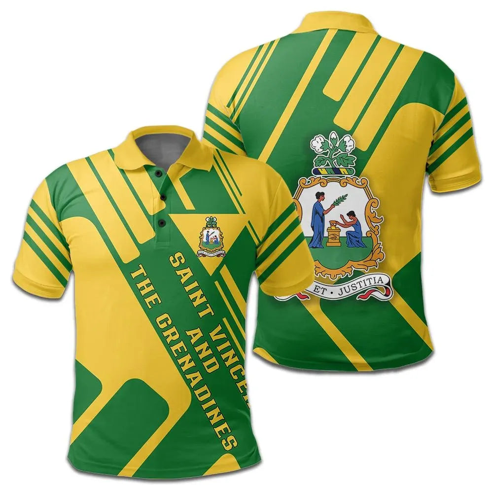 Green-and-yellow diagonal striped polo shirt, front crest and buttoned collar