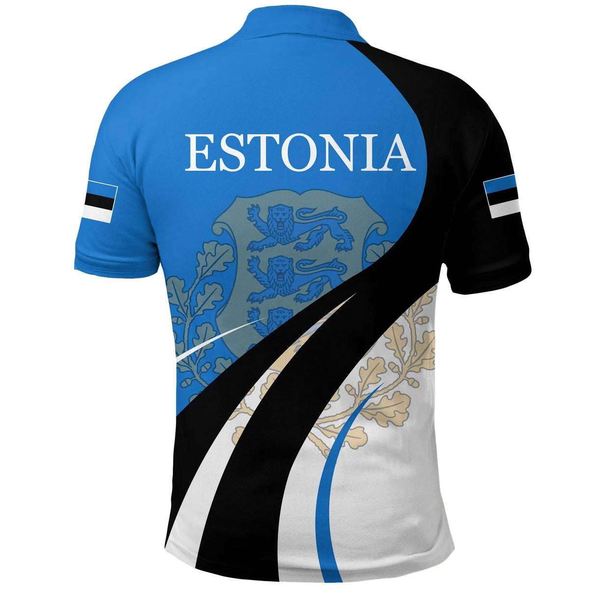 Back view: blue polo shirt with “ESTONIA” text and black/white diagonal stripe graphic