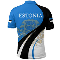 Back view: blue polo shirt with “ESTONIA” text and black/white diagonal stripe graphic
