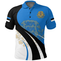 Blue polo shirt with Estonia crest badge and bold black/white diagonal graphic