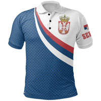 Blue Serbian polo shirt with diagonal red-white-blue stripe and crest on chest