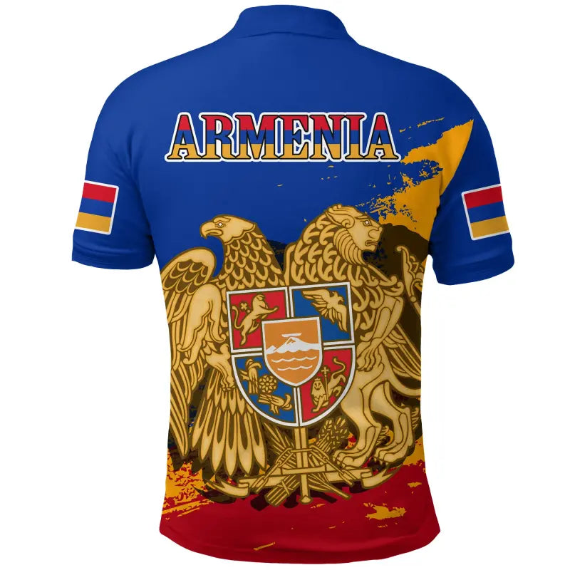Blue Armenia polo shirt back view with ARMENIA text and large winged crest graphic
