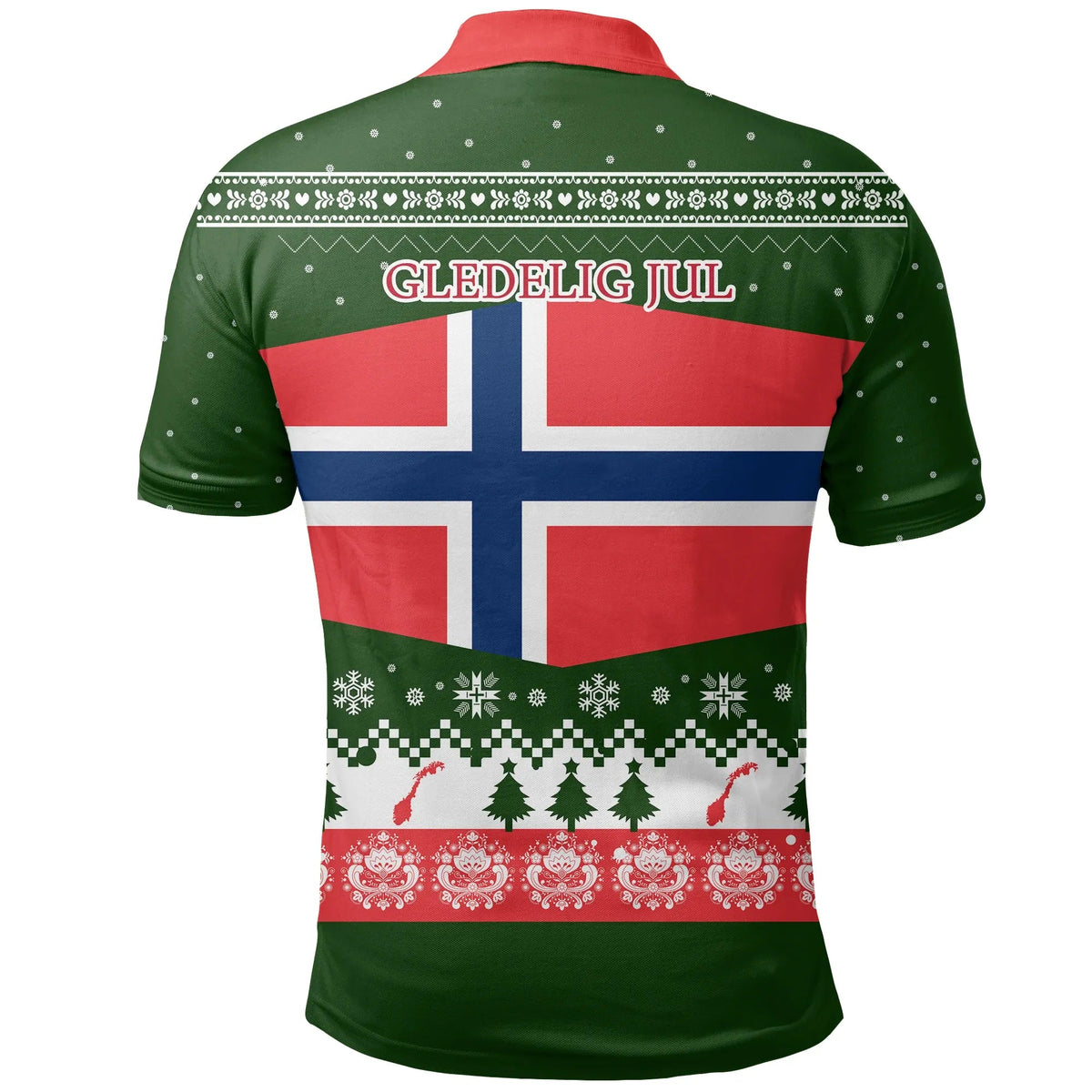 Back view: dark green polo with Norwegian flag, 'GLEDELIG JUL' text and holiday pattern