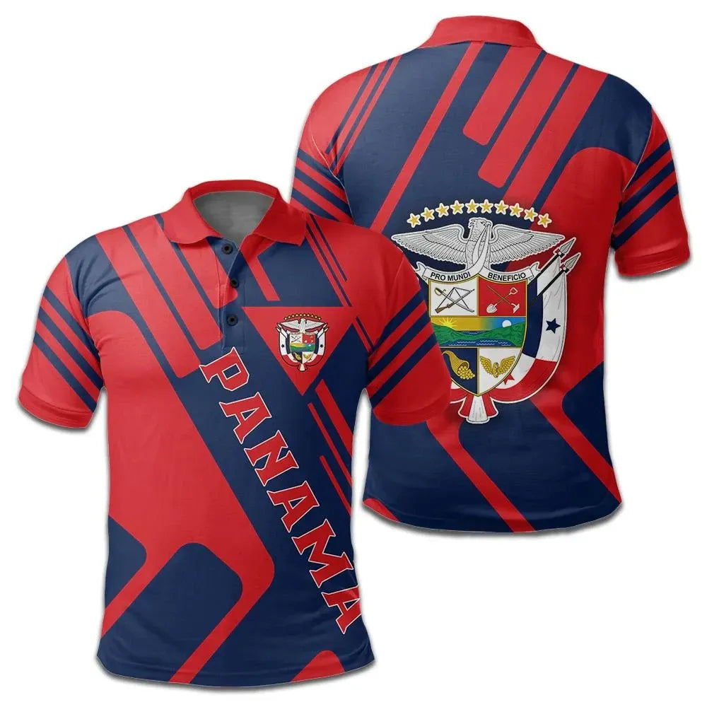 Red & navy striped polo with PANAMA text and crest shield graphic