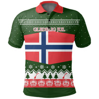 Dark green polo with red collar, Norwegian flag and 'GLEDELIG JUL' print