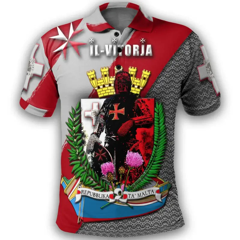 Red polo shirt with white panels, knight graphic, “IL-VITORJA” text, polo collar