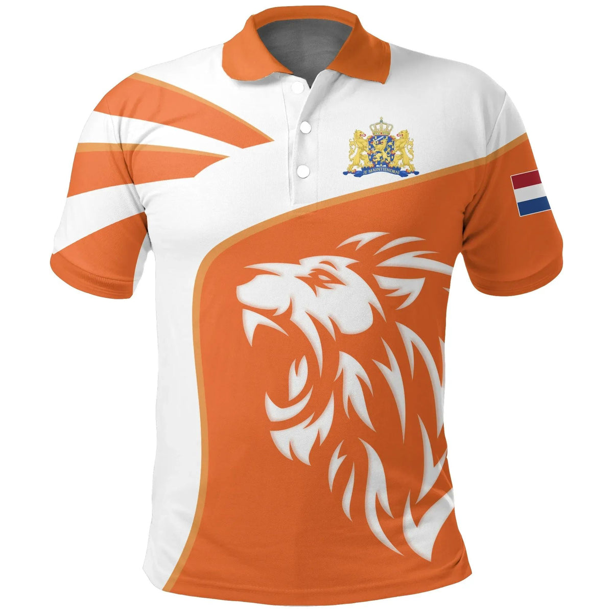 Orange-and-white Netherlands polo shirt with button placket, lion crest on chest