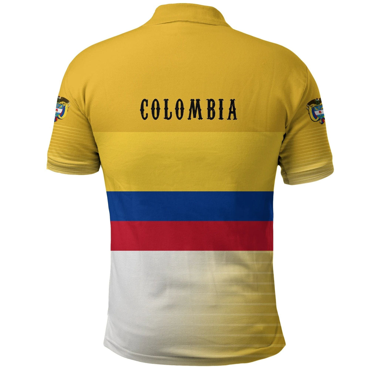 Colombia polo shirt back in yellow with “COLOMBIA” text, blue/red stripe and sleeve crest