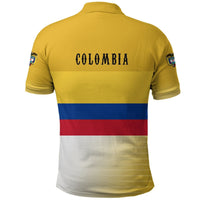 Colombia polo shirt back in yellow with “COLOMBIA” text, blue/red stripe and sleeve crest