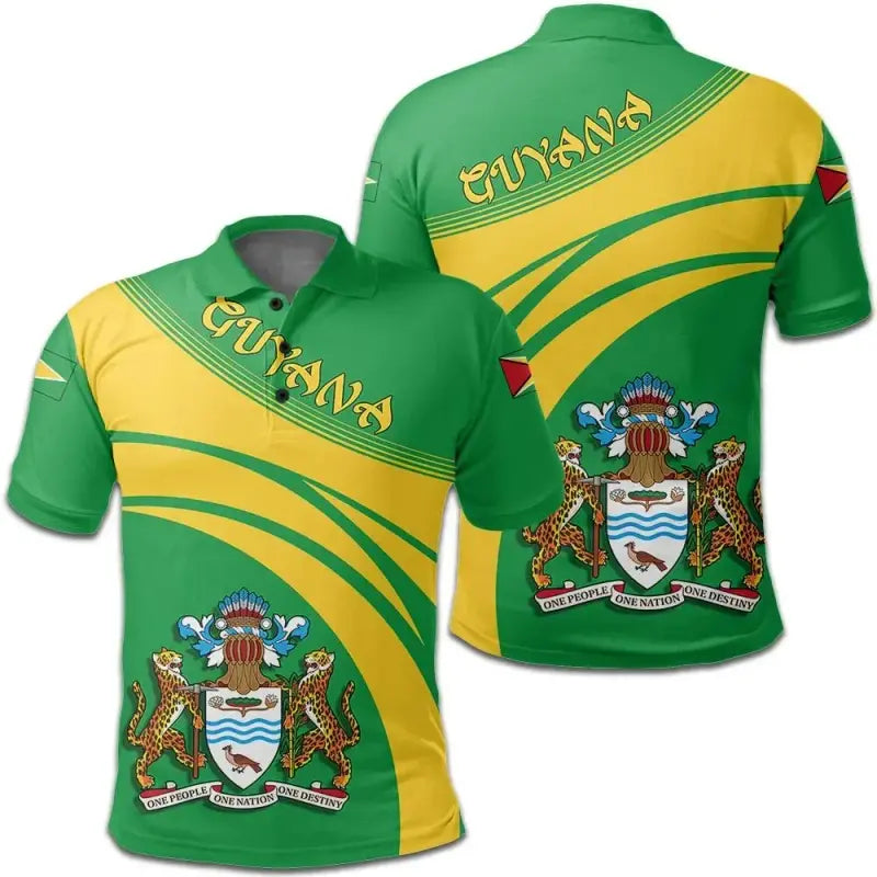 Green & yellow Guyana polo shirt with front coat-of-arms crest
