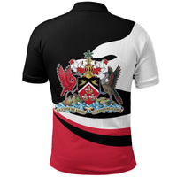 Back view Trinidad and Tobago polo shirt, black/white/red panels, large coat-of-arms graphic