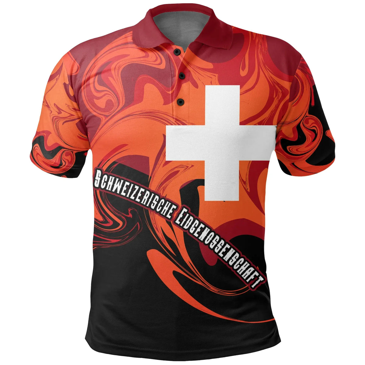 Colorful flame polo shirt, white Swiss cross front with curved text