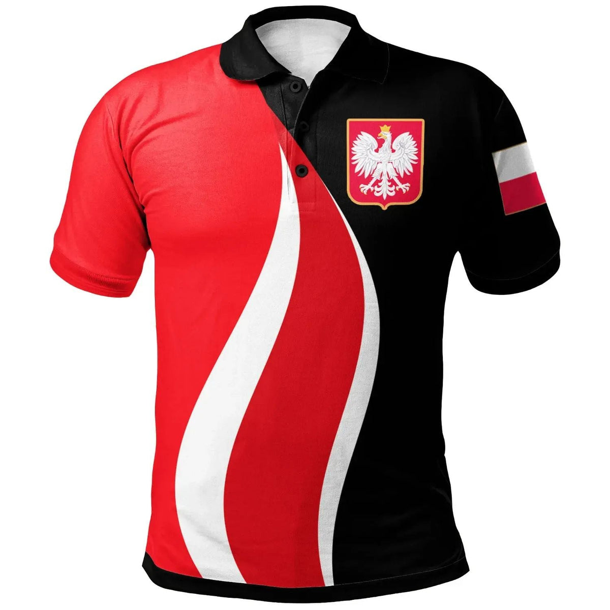 Poland polo: diagonal red/white flag stripe, black collar, coat-of-arms crest on left chest