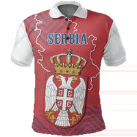Red Serbia polo shirt with blue SERBIA logo and colorful coat-of-arms graphic, grey collar