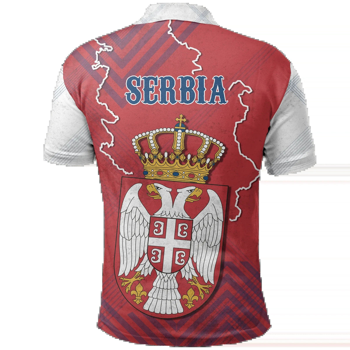 Red Serbia polo shirt back with blue SERBIA text, crown and coat-of-arms print, grey collar