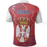 Red Serbia polo shirt back with blue SERBIA text, crown and coat-of-arms print, grey collar