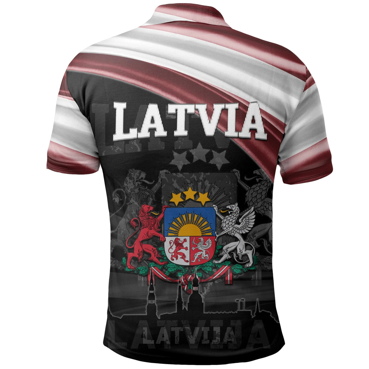 Latvia flag polo shirt back view with crest, striped sleeves, dark multicolor print