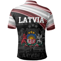 Latvia flag polo shirt back view with crest, striped sleeves, dark multicolor print