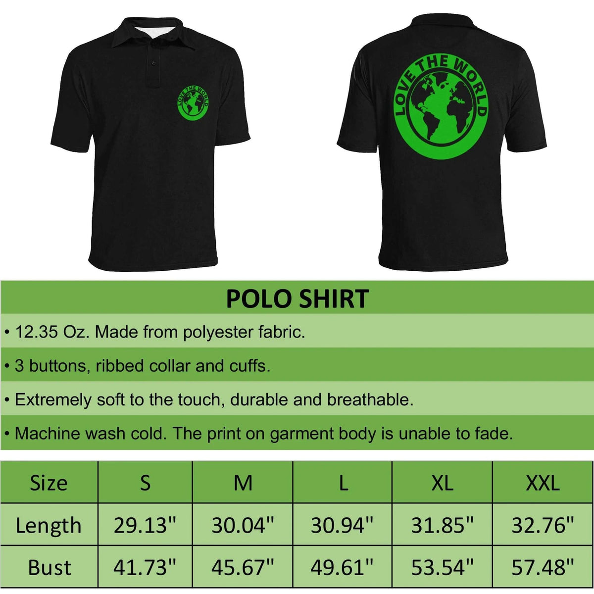 Polo negro con logo verde 'LOVE THE WORLD' en frente y espalda
