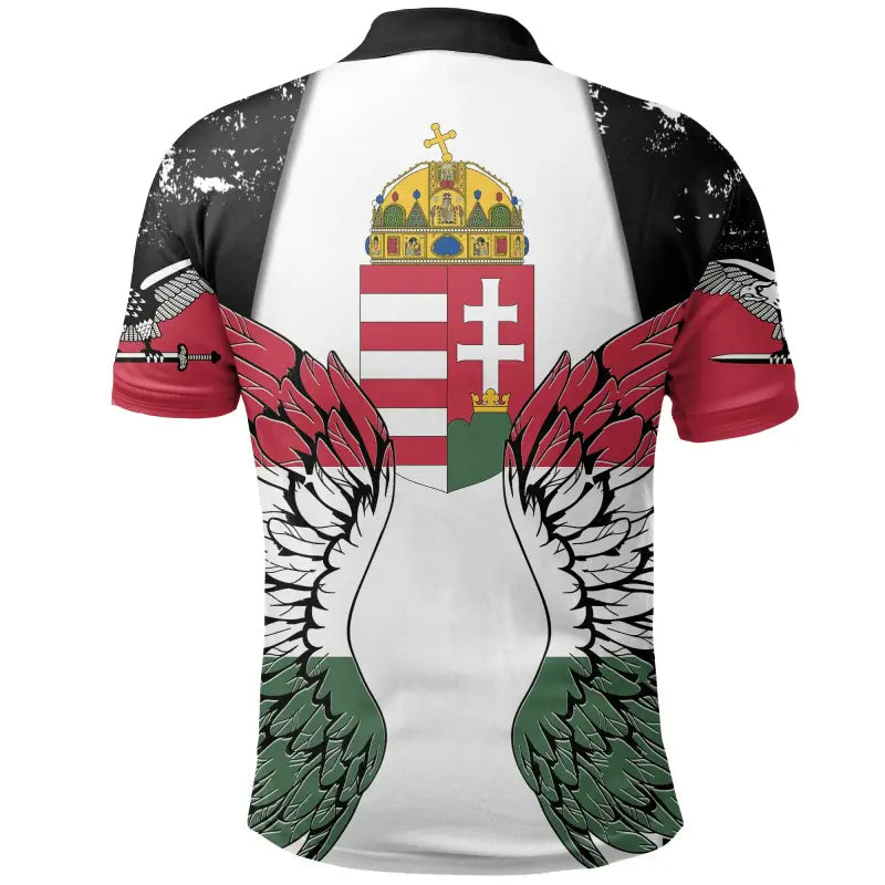 Back print: Hungary crest with crown and wings on white polo front, dark sleeves