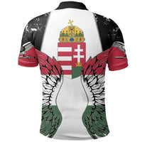 Back print: Hungary crest with crown and wings on white polo front, dark sleeves