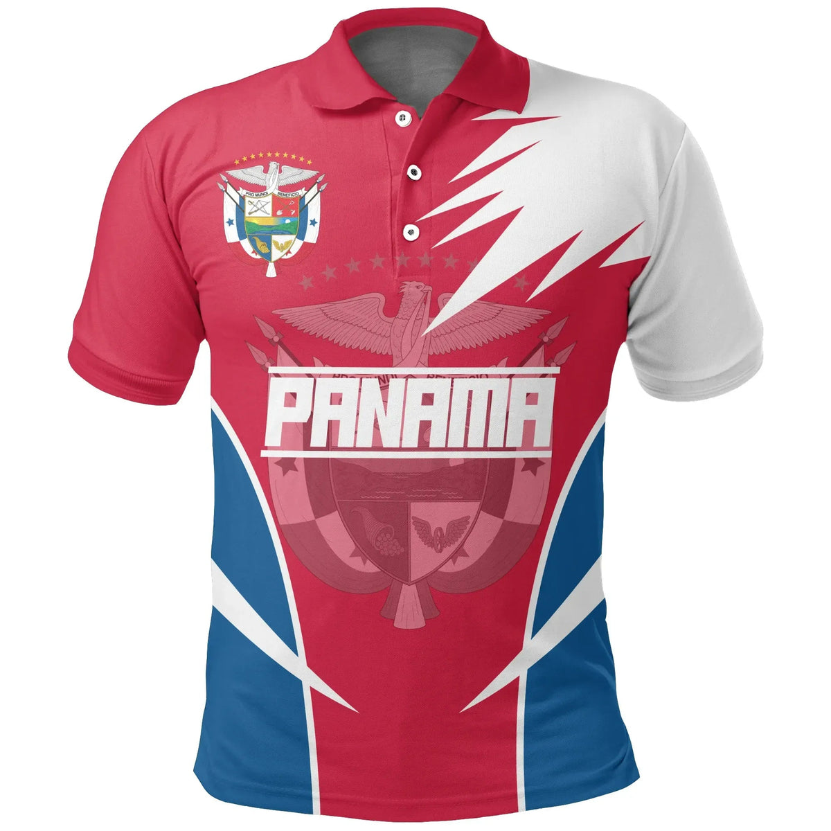Panama polo shirt with front coat-of-arms crest and lightning graphic, red blue white