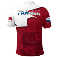 Panama polo shirt back with large 'PANAMA' print, red graphic, sleeve flag patches